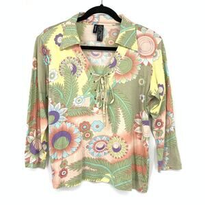 Vintage Y2K Lynn Ritchie Psychedelic Floral Lace Up Blouse Women Size L Lace Up